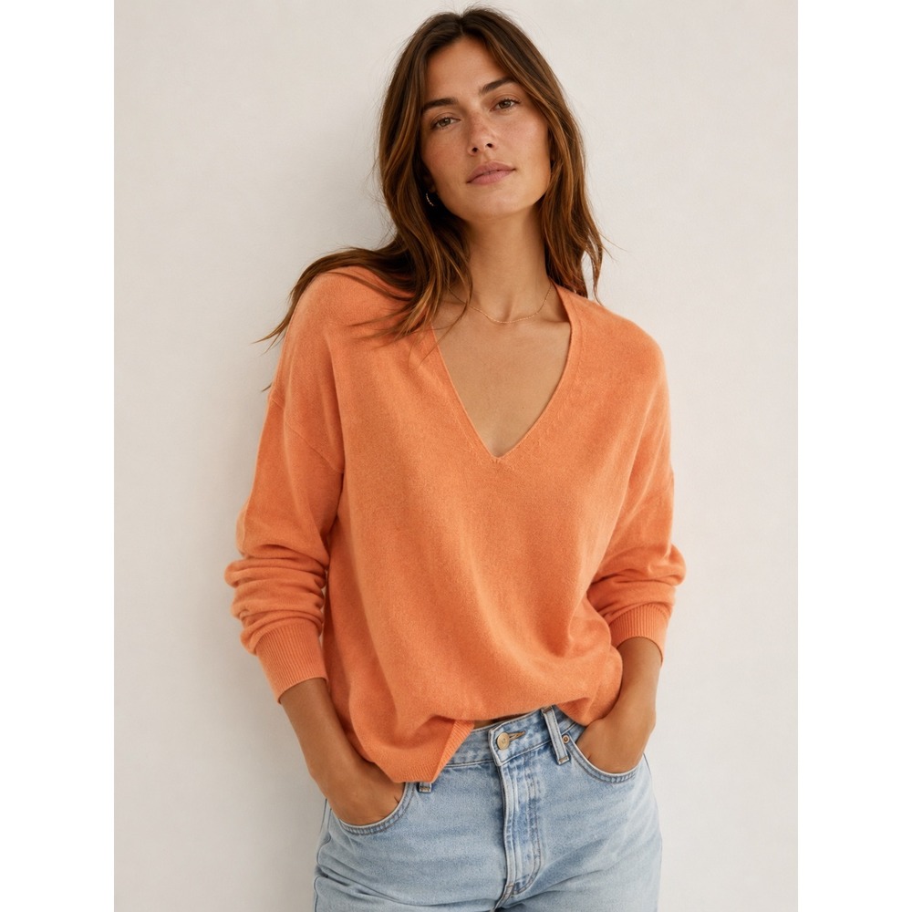 360 Cashmere 100% Cashmere Peach Orange V-Neck Balloon Sleeve Sweater Small